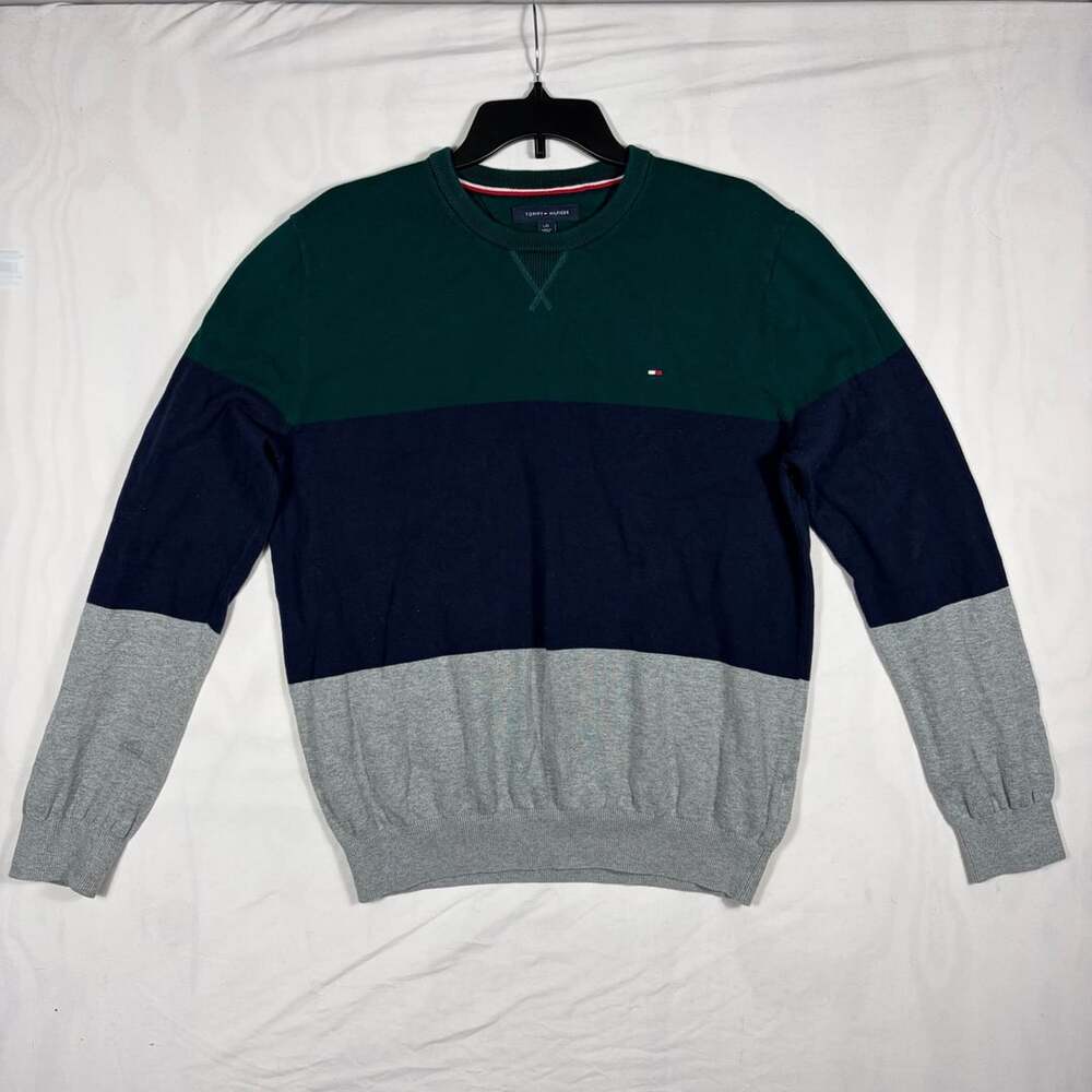 Tommy Hilfiger Men's Green Navy Grey Colorblock Crew Neck Cotton Sweater Size L